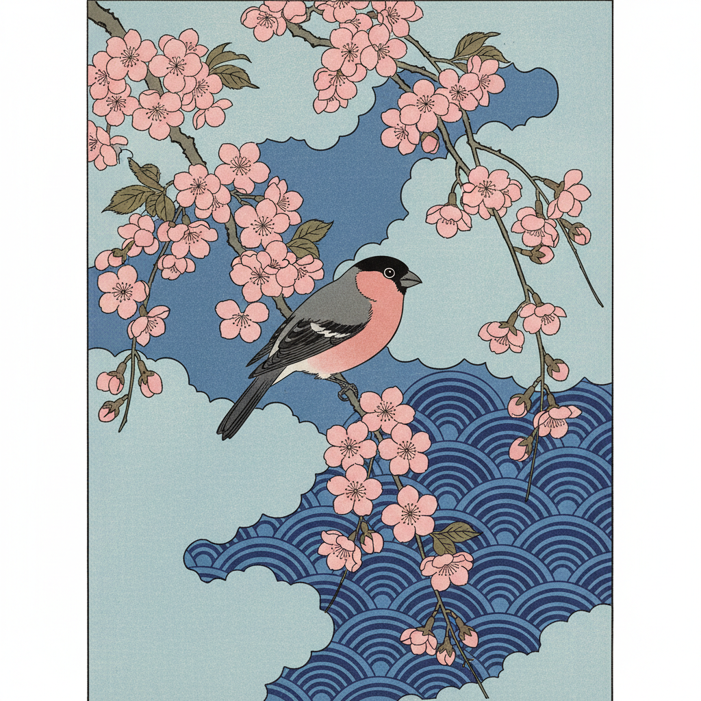 Bullfinch and Weeping Cherry — Katsushika Hokusai