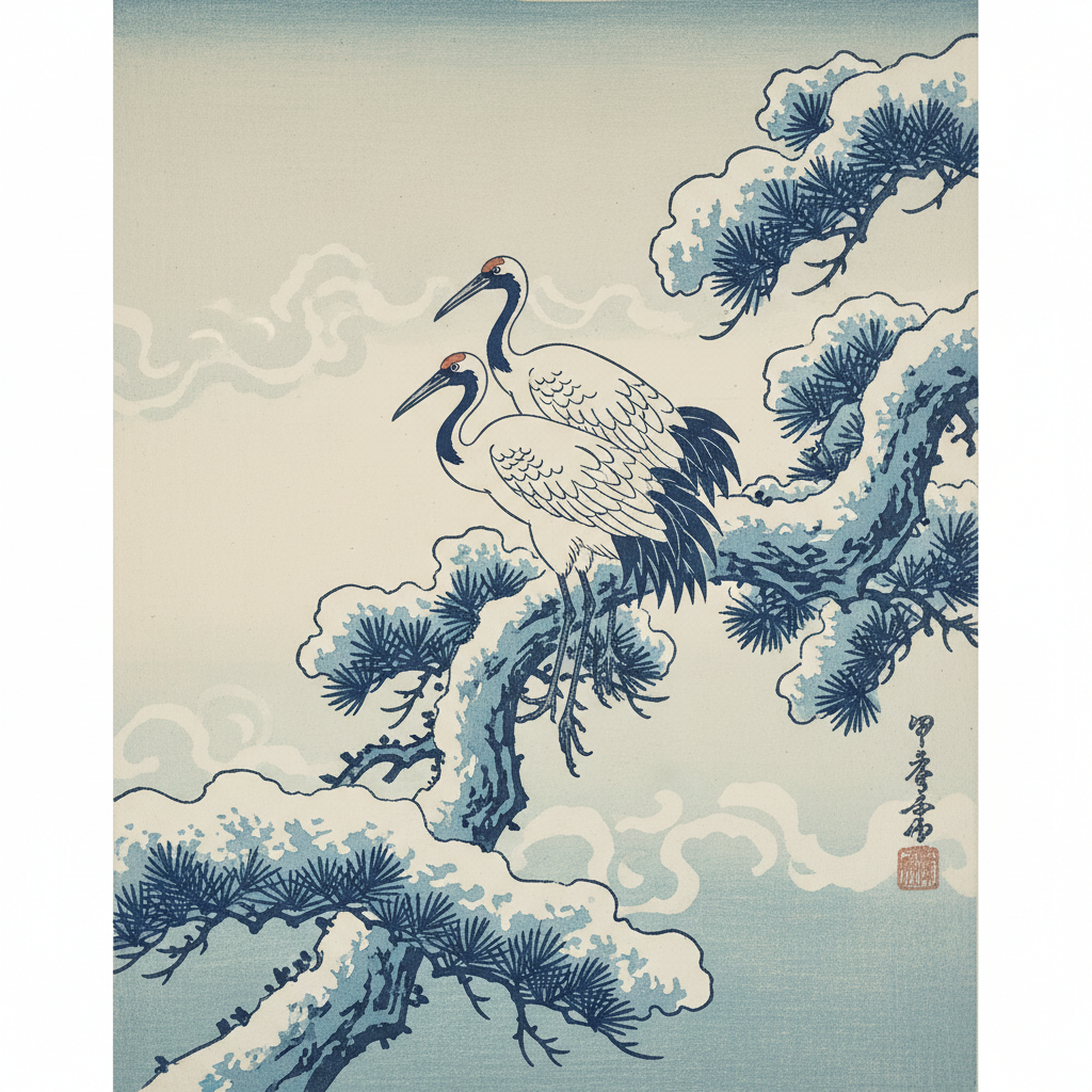 Cranes on Branch of Snow-Covered Pine — Katsushika Hokusai