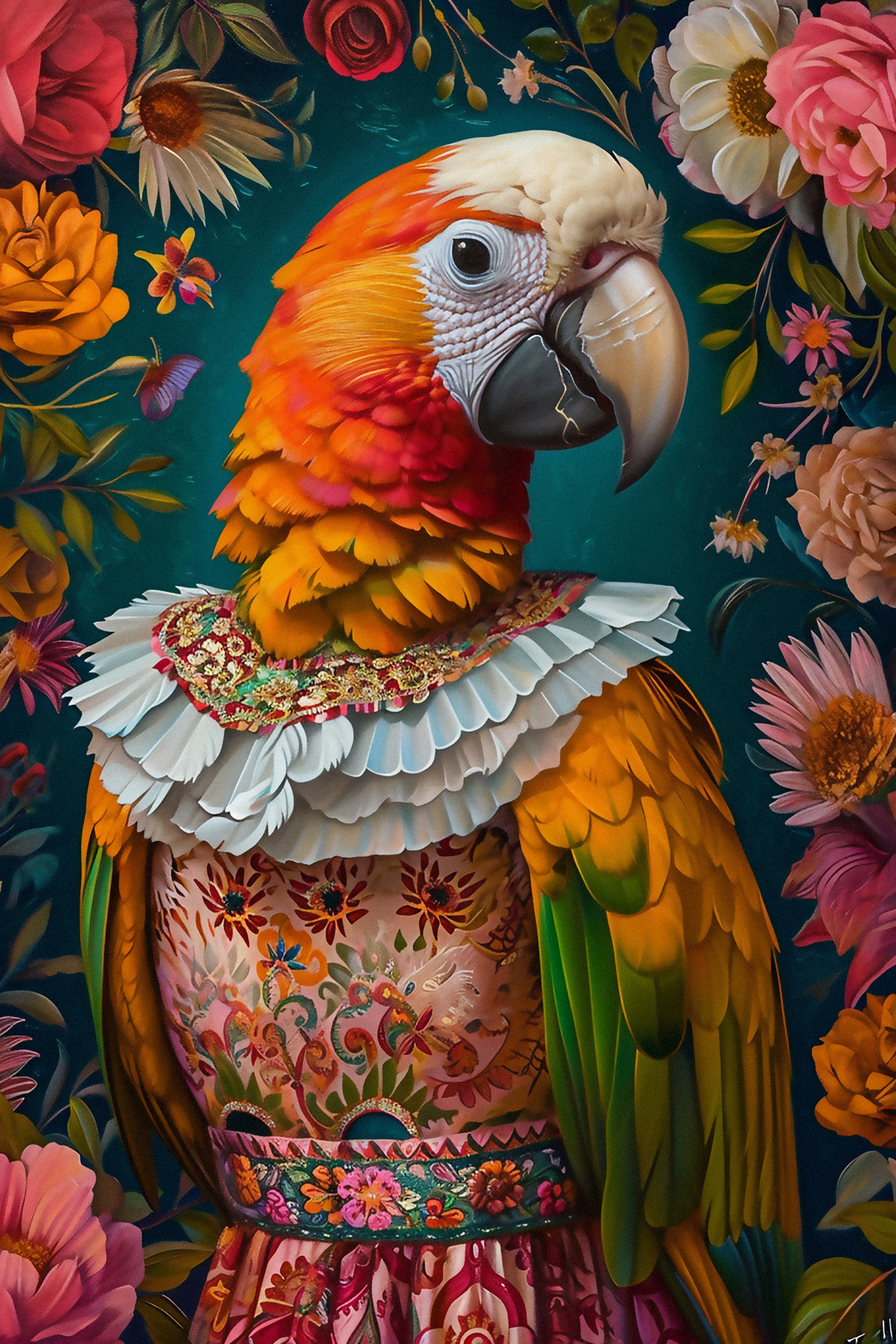 Renaissance Parrot's Floral Gaze