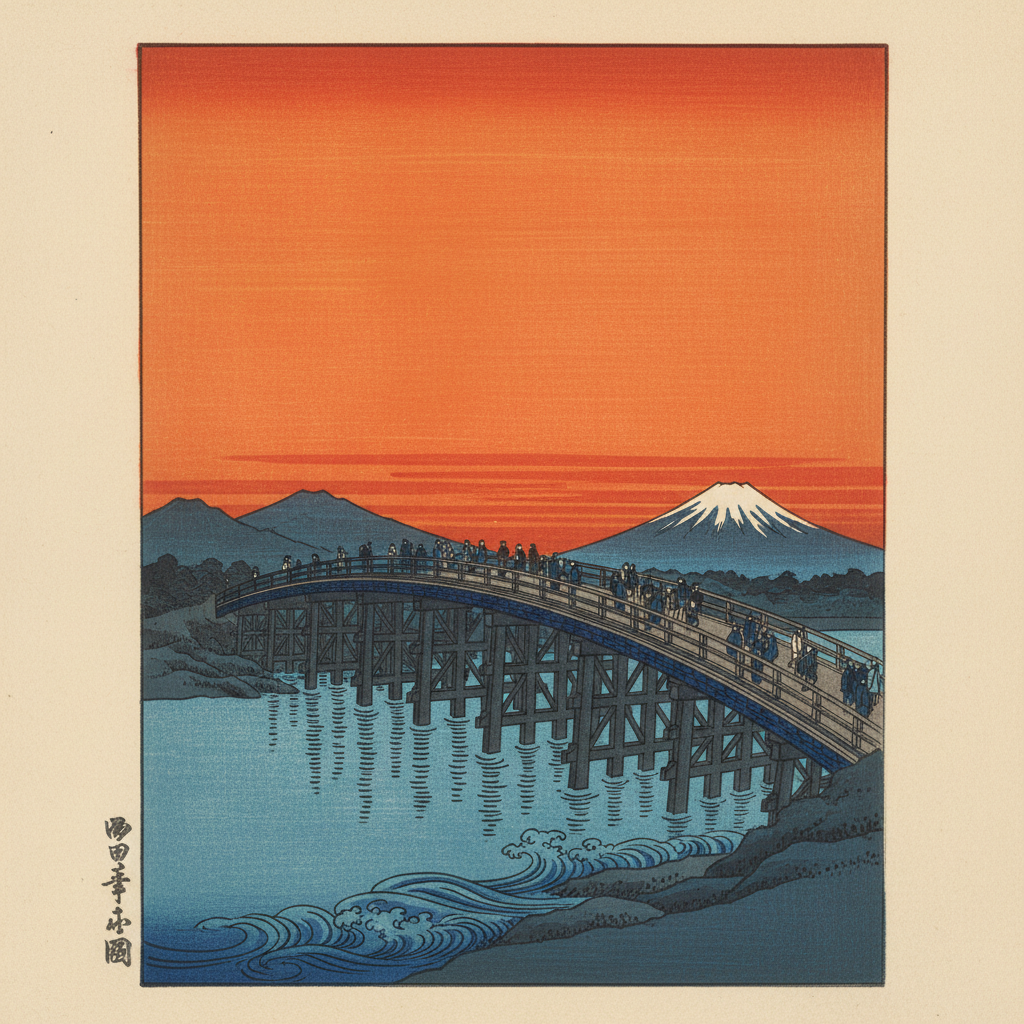 Sunset across the Ryōgoku Bridge — Katsushika Hokusai