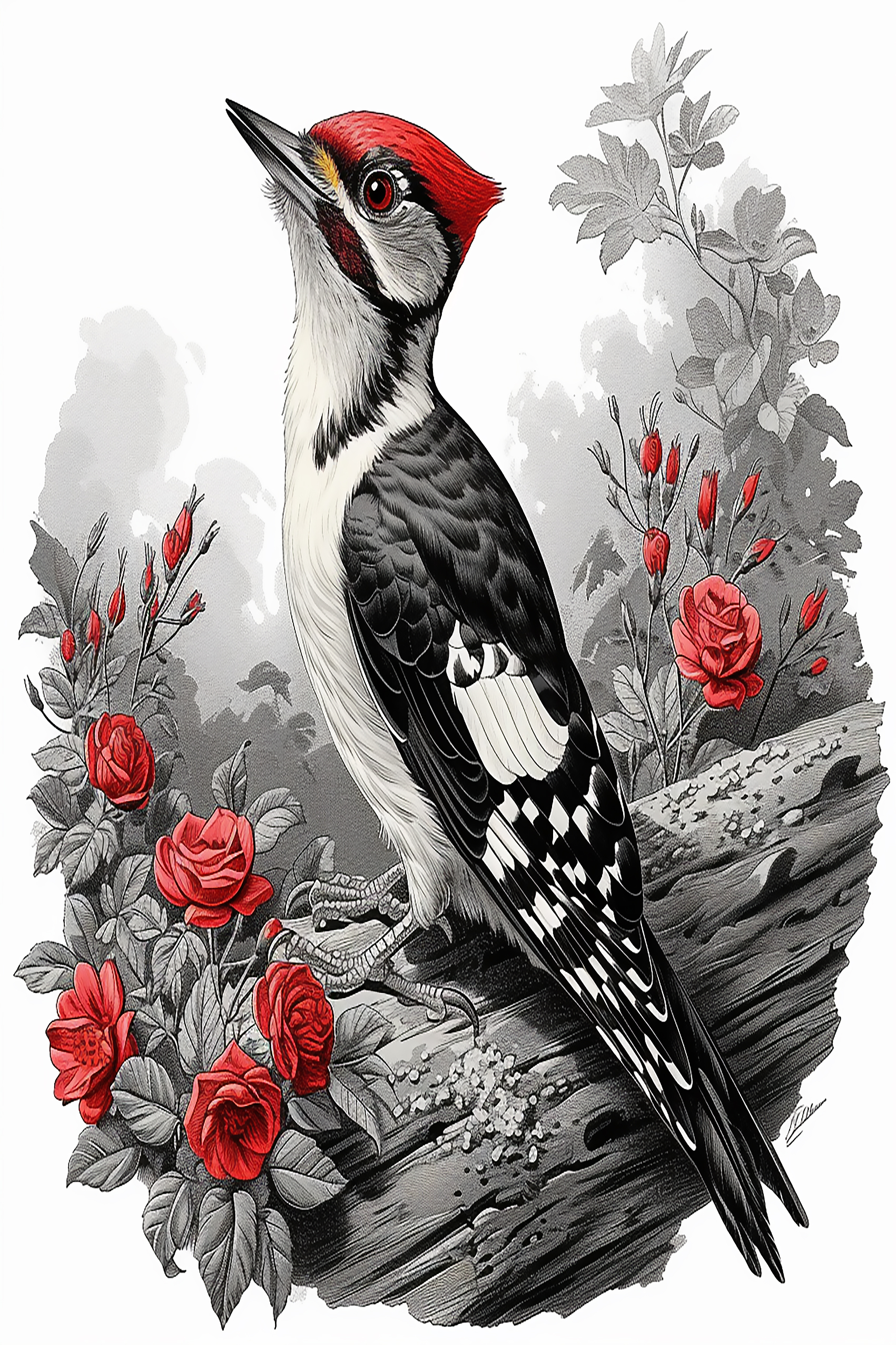 Woodpecker and Crimson Blooms